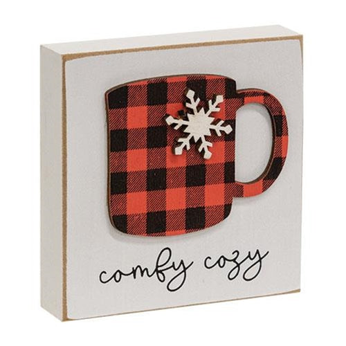Comfy Cozy wooden block with buffalo check mug