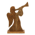 Stained wooden angel with trumpet on base
