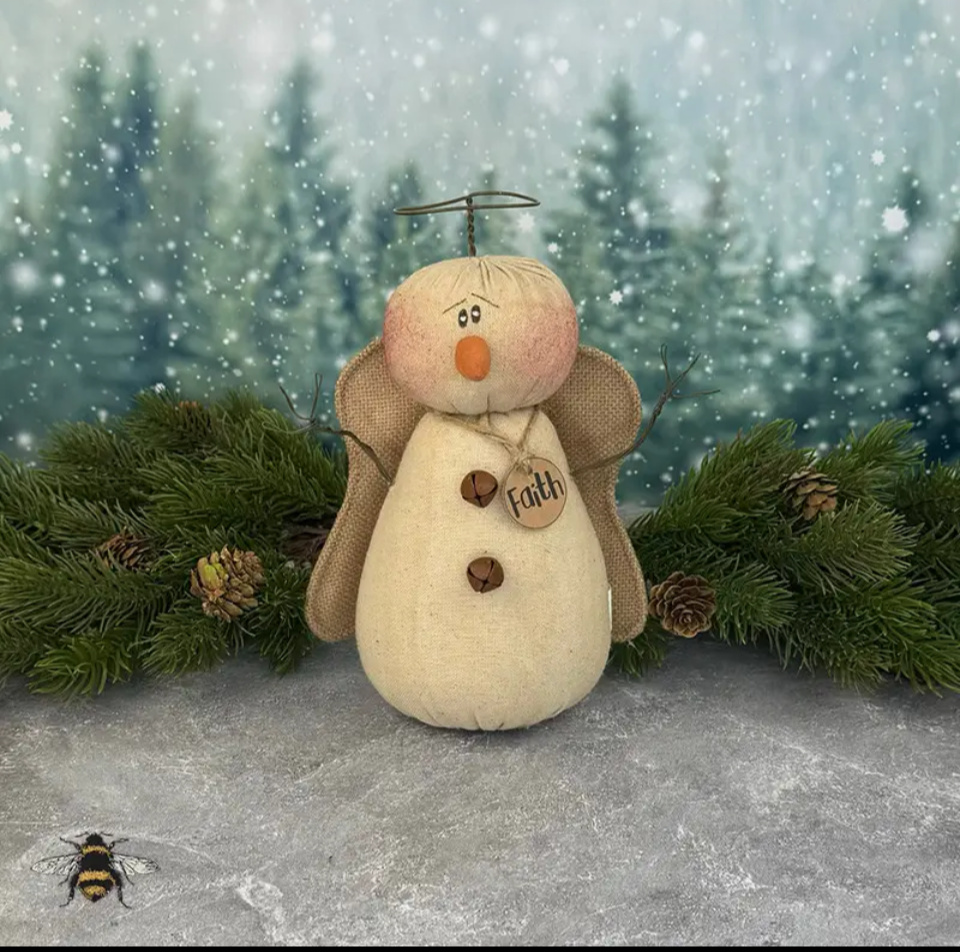 Honey and Me Faith plush snowman angel ornament with burlap wings and jingle bells