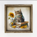 Cozy Kitten with Books & Sunflowers Framed Print - 11x11