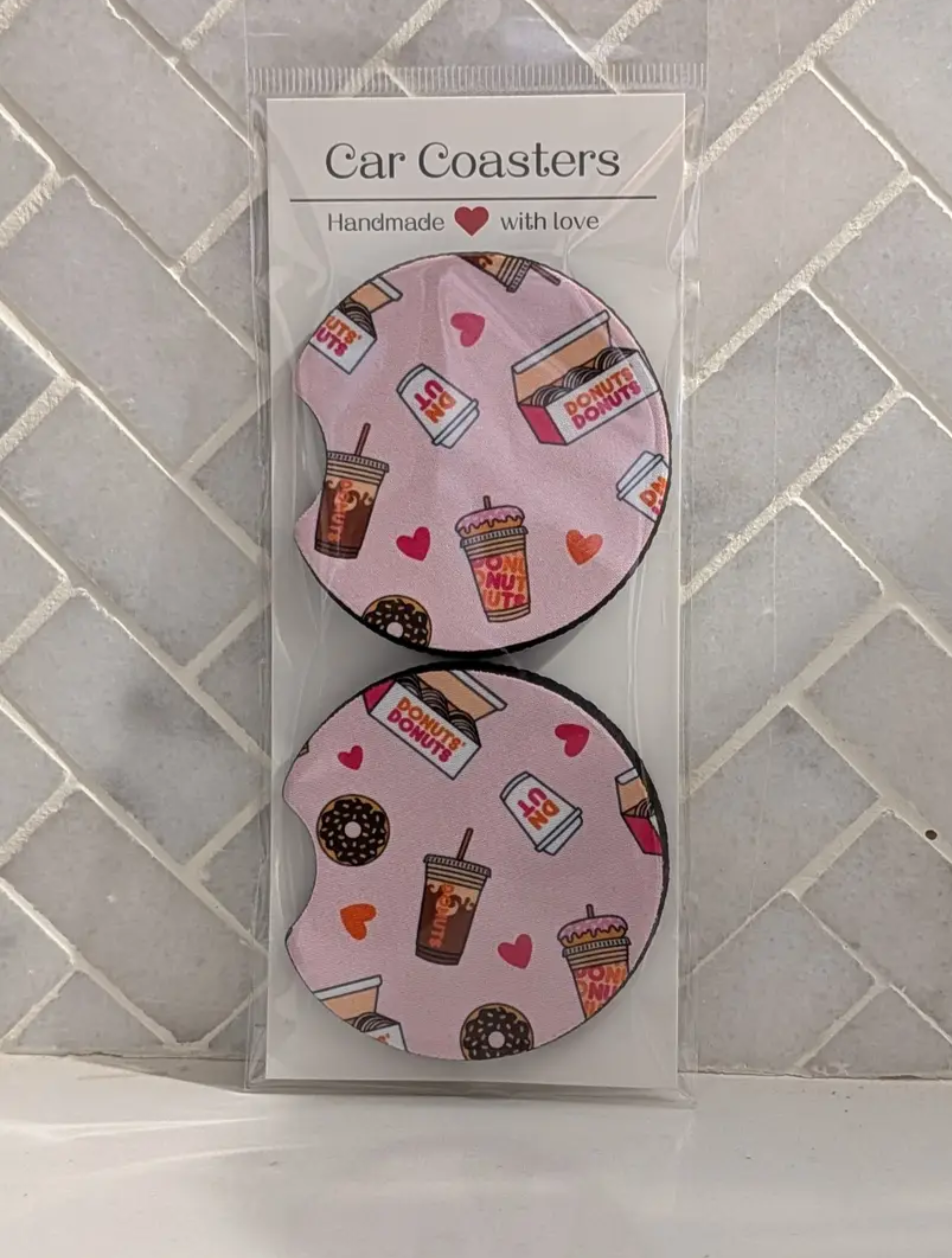 Pink Hearts Coffee & Donuts Car Coasters