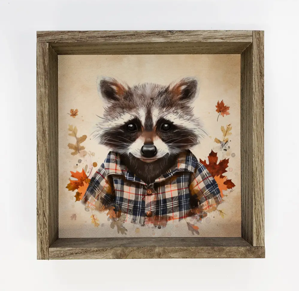 Fall Flannel Raccoon Framed Print - 11x11