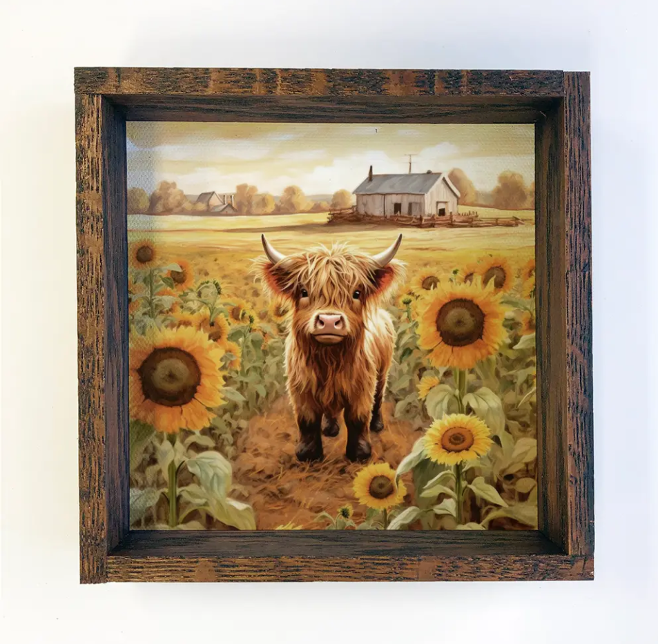 Highland Cow Sunflower Field Framed Print - 11x11