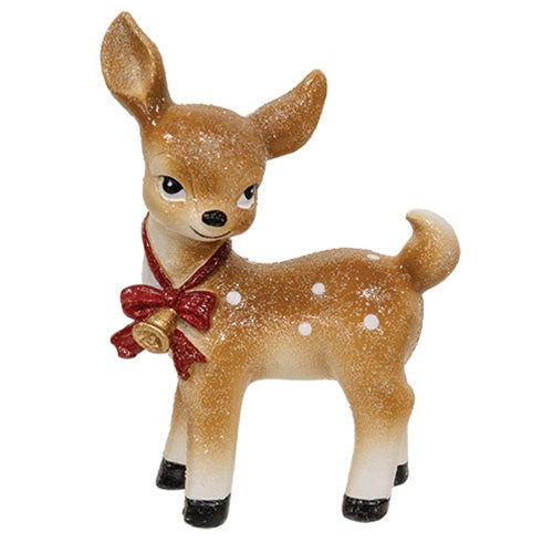 Brown glittered resin reindeer with red bow and bell