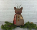 Brown Rudolph reindeer Christmas figure with twig antlers, plaid scarf, bells, and name tag