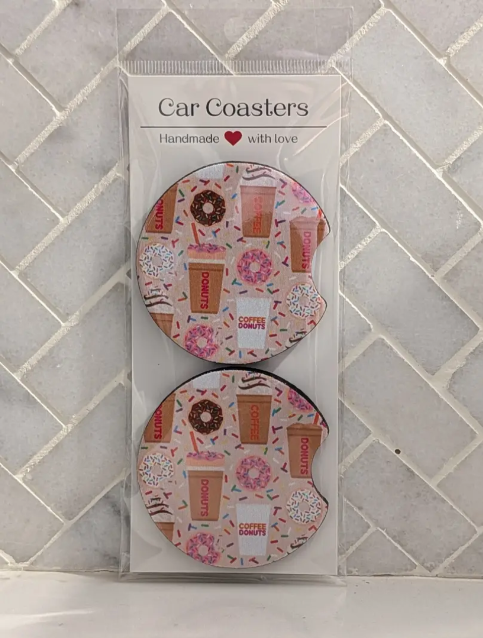 Coffee & Donuts Car Coasters (Brown & Pink)