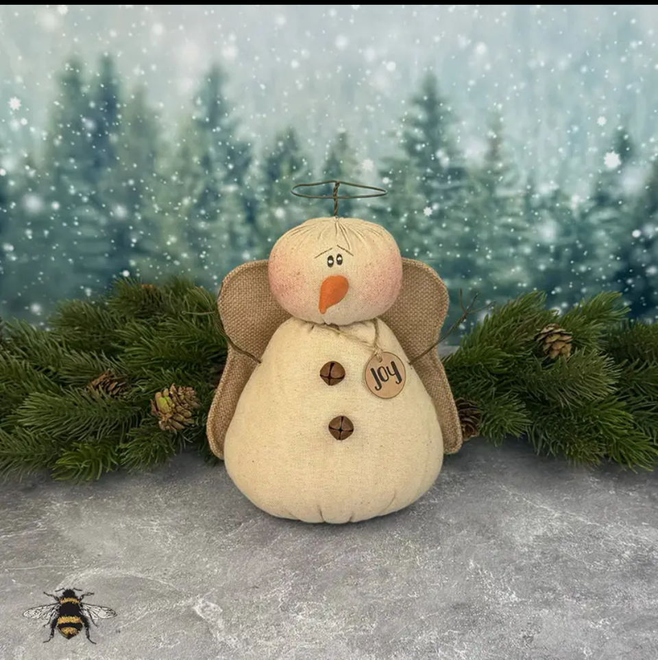 Honey and Me Joy plush snowman angel ornament with burlap wings and jingle bells